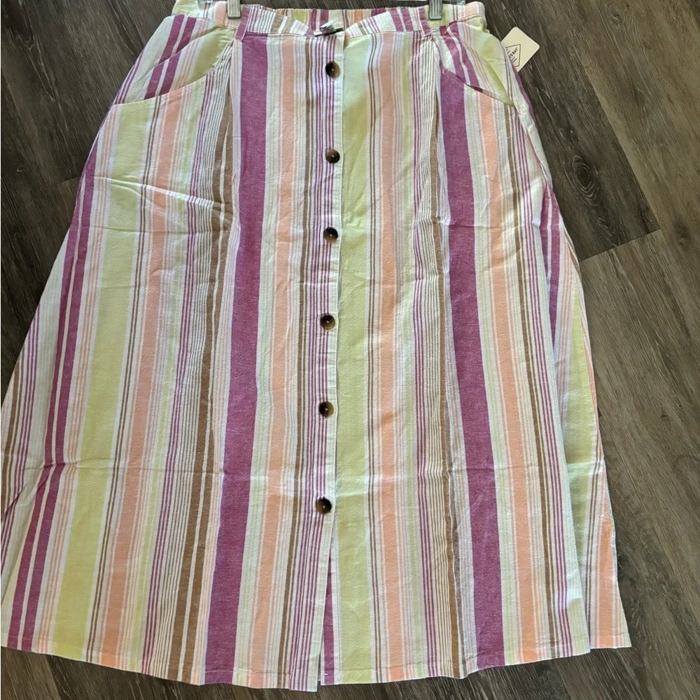 St John’s Bay Linen Striped Button-Front Midi Skirt Sz.XLT NWT